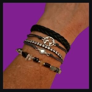 𝅺lot of Five Leather Braided Cord Rhinestone Gemstone Tennis Bracelets